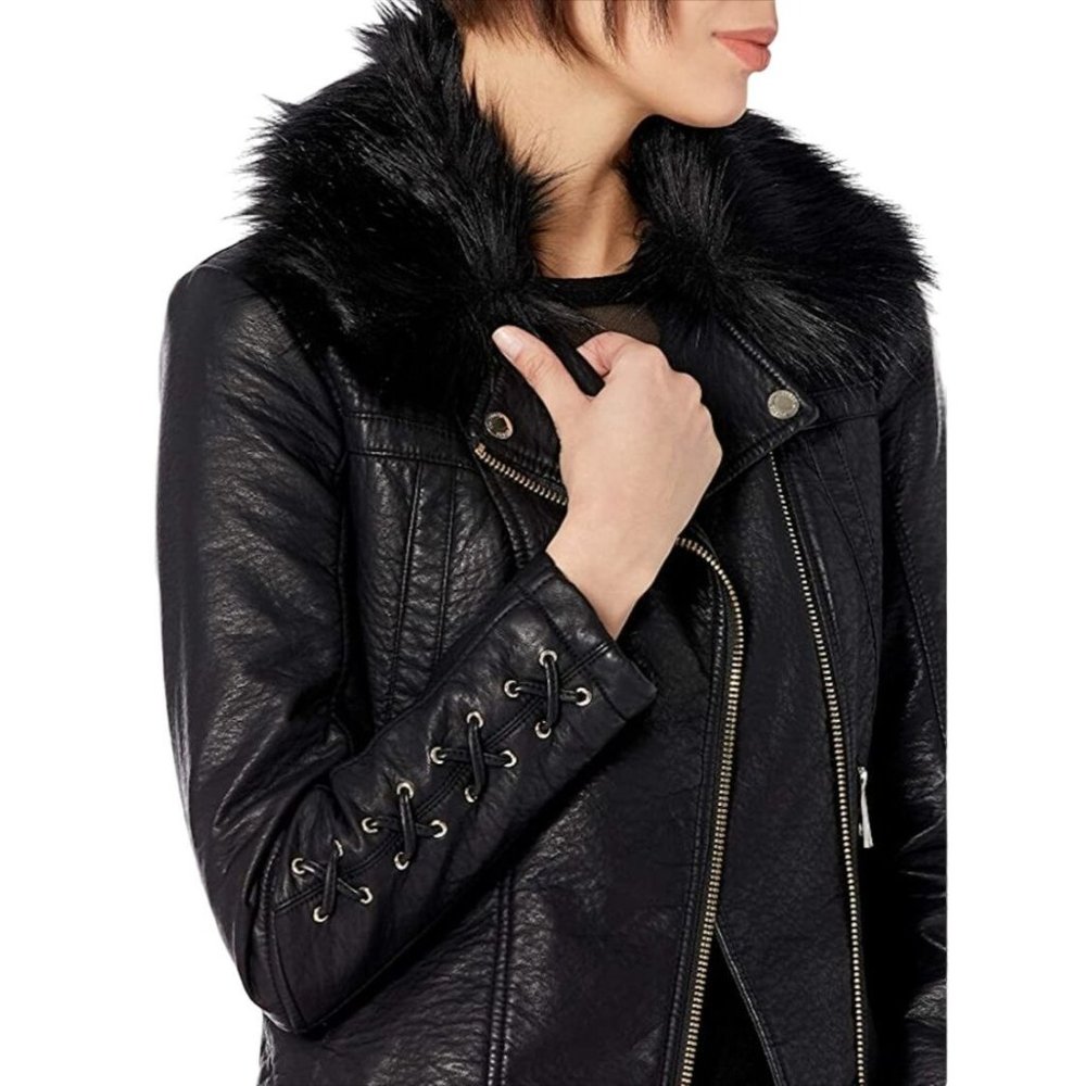 GUESS Black Faux Leather Moto Jacket with Removable Faux Fur Trim
